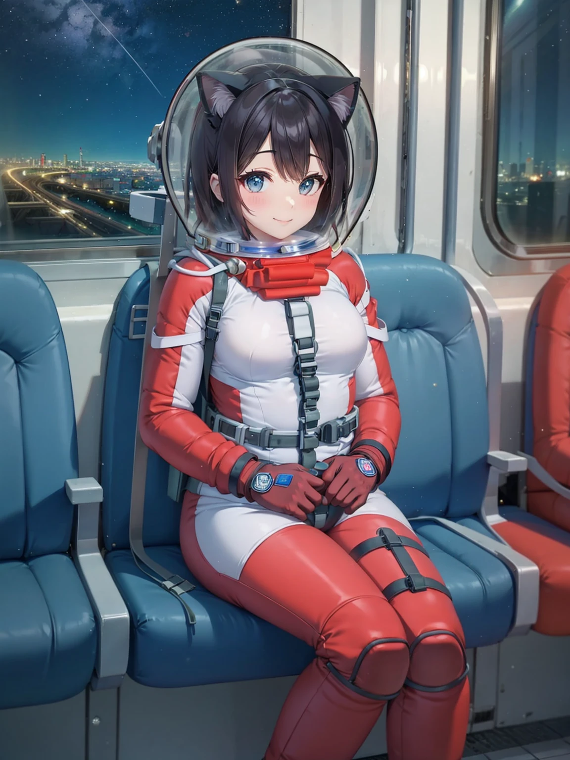 space helmet, (cinematic scene, sitting on a chair, train interior, , city view, night view: 1.5), space helmet, eva helmet, space suit, astronaut), smile bubble helmet, very detailed, speed helmet, bubble helmet, ,upper body, astronaut),eva helm, spacesuit , astronaut),girl, wearing a (spacesuit:1.15), white cargo pants, (), (CAT EARS:1.2), bubble helmet, (space helmet:1.5)],