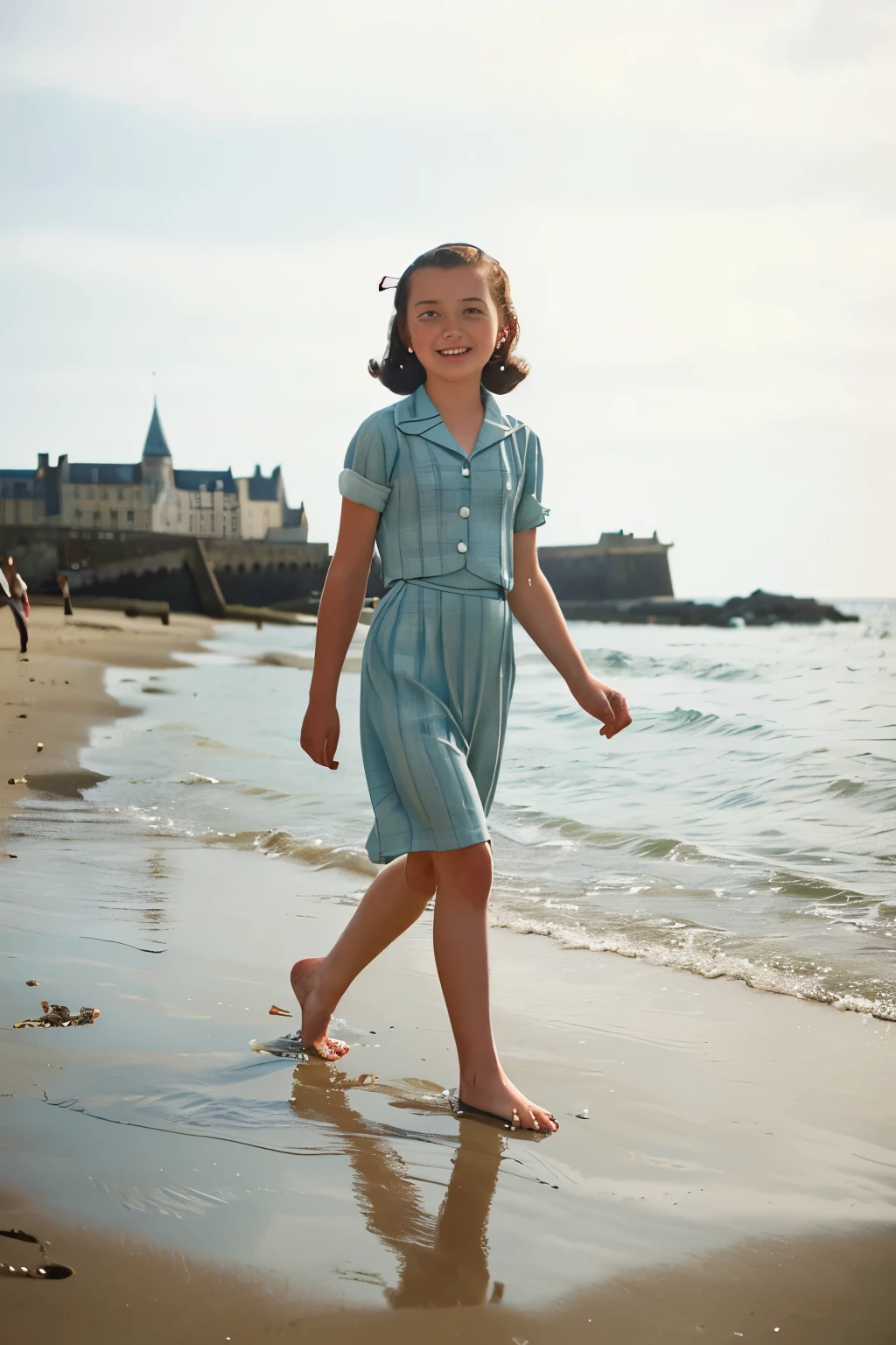 Saint-Malo, 1941. A young ((((13-year-old)) Marie-Laure LeBlanc)), freckles, at the beach, walking with her feet in the water, ((((clothings from the 1940s)))), ((dark hairstyle of the 1940s))