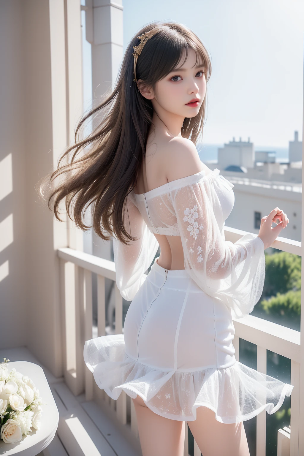 ((Woman Standing On Balcony Of Old Castle))、((Rear View)),((look back))、Highest quality works、actual work、Ultra Premium Graphics、8K HD CG Works、High quality graphics、High-definition CG works、10x pixels、Ultra-fine detail:1. 1、High technical level:1.1 PhotoGenuine、Natural light:1. 5、Light effects(Virtual Light effects:1.8)、((Straight Van、Princess Van))、((Very heavy、Volume Bang:1.1)、((very long、Very heavy、Very voluminous side locks:1. 1)、Hime cut、Straight bangs、Bangs straight、(masterpiece、Highest quality:1.5)、(ultra detailed 8k cg:1.4)、(Surreal:1.25)、(Genuine:1.1. 4)、((Golden white hair))、Thin eyebrows、High nose、Nice red lips、Rosy Cheeks、Delicate makeup face、Cute Face、Perfectly balanced face、()、Light-colored foundations enhance the clarity of your skin..。 ((An off-the-shoulder semi-transparent white floral dressy skirt fluttering in the wind))、 ((You can see her white panties)), 40k、photograph、、Highest quality、(1. Beautiful Eyes、Light Hair、White skin、Mr.. Escape.々Pause、((Mid-chest、:1.1))、Highest quality、Tabletop、Ultra-high resolution、(Genuine:1.4)、RAWphotograph、(Perfect figure)、(slim、:1.3)。 3)、slimな腹部、that&#39;s all