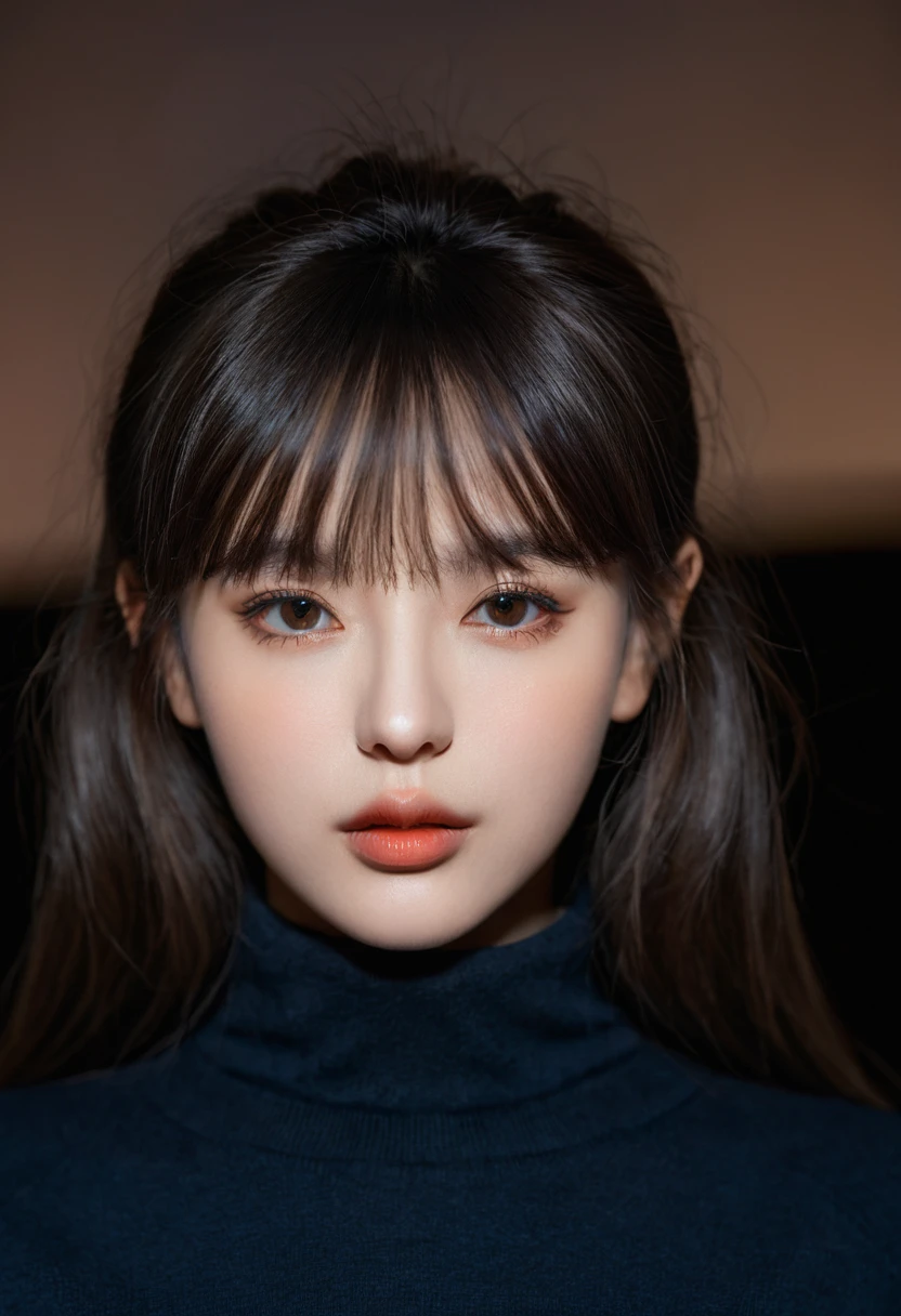 8K, best quality, 1 Girl, (Skin Indentation), night, (dark), Indoor clear background, (people), Beautiful bangs, Gorgeous,, (Clothing and:1.3),Soft lighting, attractive, dark Room, (mouth close:1.2, beautiful eyes, Delicate eyes, Detailed iris, Beautiful lips, Beautiful nose, Pretty Face),(primary color:1.5)