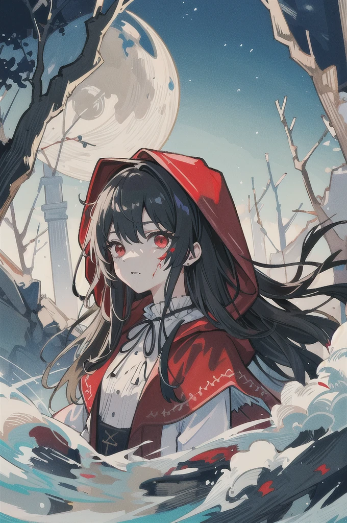 (Highest quality,4K,High resolution,masterpiece:1.2),Very detailed,Realistic:1.37,Portraiture,Dark fantasy,Red color scheme,Soft lighting,Emotional,Enchanted Forest,Ominous atmosphere,Eye-catching,Storytelling,anatomy,Anime Style,Concept Art,Beautiful detailed face and (((Red eyes ))),Flowing Hair,emotional expression,Jewelry crafted with attention to detail,A cape with an intricate pattern,Strong gaze,Feathered Cape,Subtle Shadows,Dynamic pose,Great composition,Mysterious Background,Natural elements,Moonlit Night,wood々The wind blowing between,Eerie presence,Reveal personality strengths and weaknesses,A striking contrast between the red cape and its surroundings,Fascinating story,Rich texture,Depth and Dimension,Highlight the charm and resilience of your characters. (((little red riding hood))), (Blood splatter:1.5)