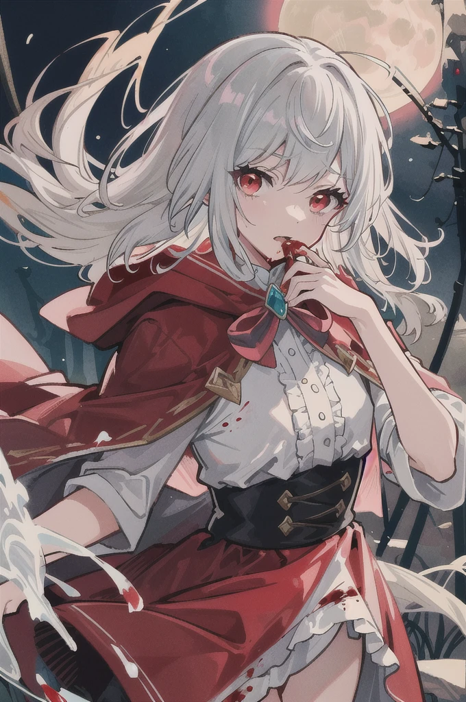 (Highest quality,4K,High resolution,masterpiece:1.2),Very detailed,Realistic:1.37,Portraiture,Dark fantasy,Red color scheme,Soft lighting,Emotional,Enchanted Forest,Ominous atmosphere,Eye-catching,Storytelling,anatomy,Anime Style,Concept Art,Beautiful detailed face and (((Red eyes ))),Flowing Hair,emotional expression,Jewelry crafted with attention to detail,A cape with an intricate pattern,Strong gaze,Feathered Cape,Subtle Shadows,Dynamic pose,Great composition,Mysterious Background,Natural elements,Moonlit Night,wood々The wind blowing between,Eerie presence,Reveal personality strengths and weaknesses,A striking contrast between the red cape and its surroundings,Fascinating story,Rich texture,Depth and Dimension,Highlight the charm and resilience of your characters. (((little red riding hood))), (Blood splatter:1.5)