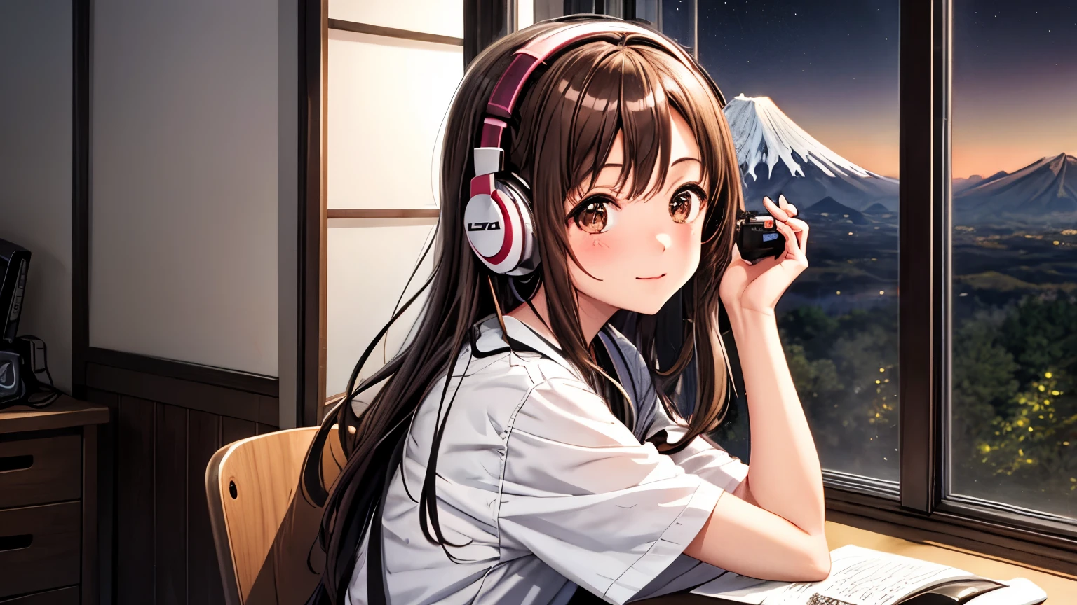 Lo-Fi Research, girl, write, ~ ~ side, 日本人のgirl, Brown Hair, Medium Long Hair, Headphones, Summer clothes, window, mount fuji background, summer night