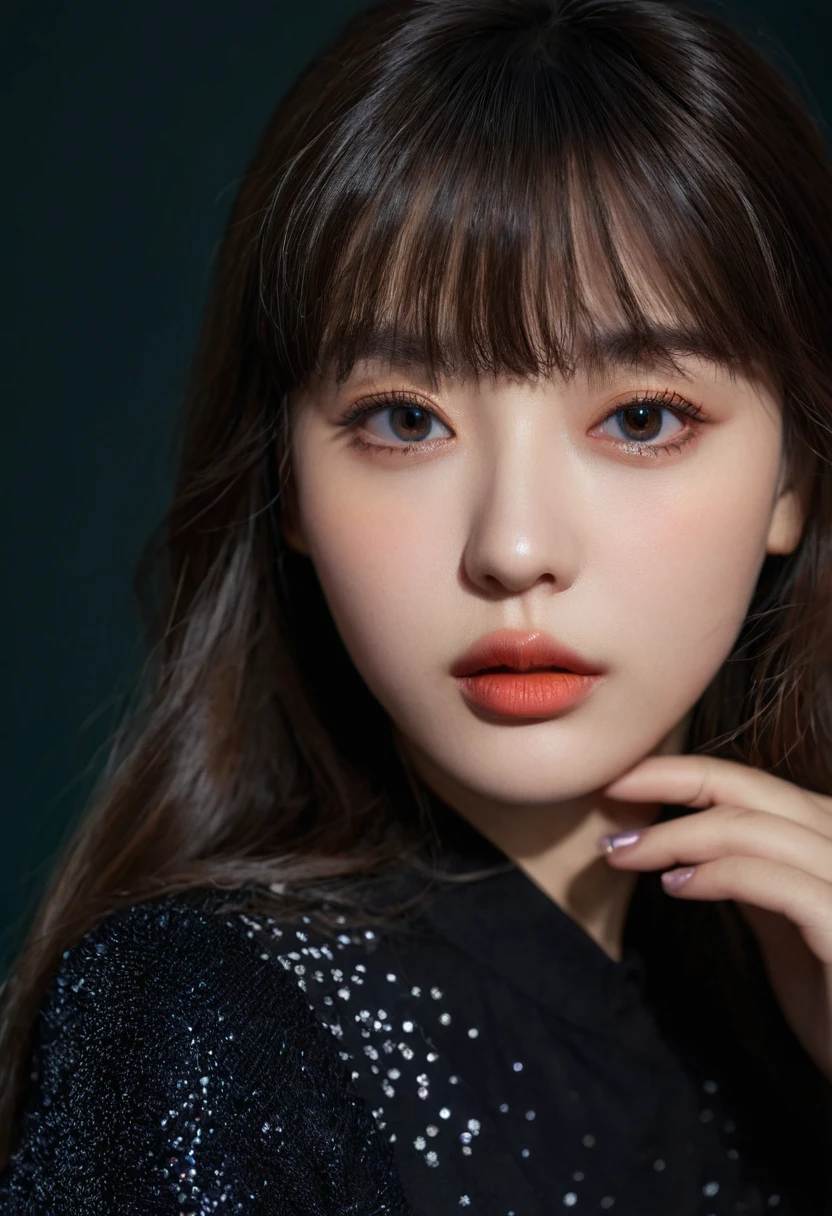 8K, best quality, 1 Girl, (Skin Indentation), night, (dark), Indoor clear background, (people), Beautiful bangs, Gorgeous,, (Clothing and:1.3),Soft lighting, attractive, dark Room, (mouth close:1.2, beautiful eyes, Delicate eyes, Detailed iris, Beautiful lips, Beautiful nose, Pretty Face),(primary color:1.5)