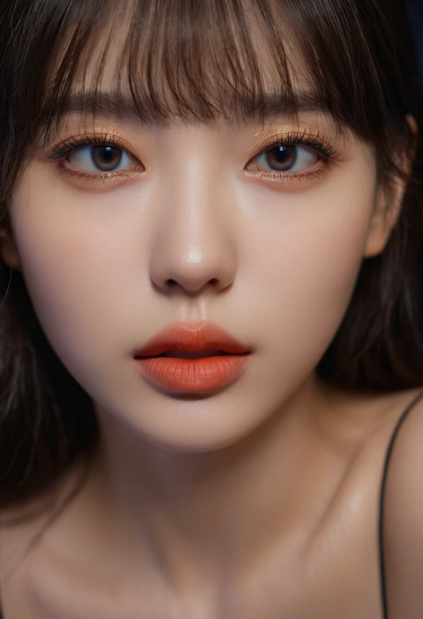 8K, best quality, 1 Girl, (Skin Indentation), night, (dark), Indoor clear background, (people), Beautiful bangs, Gorgeous,, (Clothing and:1.3),Soft lighting, attractive, dark Room, (mouth close:1.2, beautiful eyes, Delicate eyes, Detailed iris, Beautiful lips, Beautiful nose, Pretty Face),(primary color:1.5)
