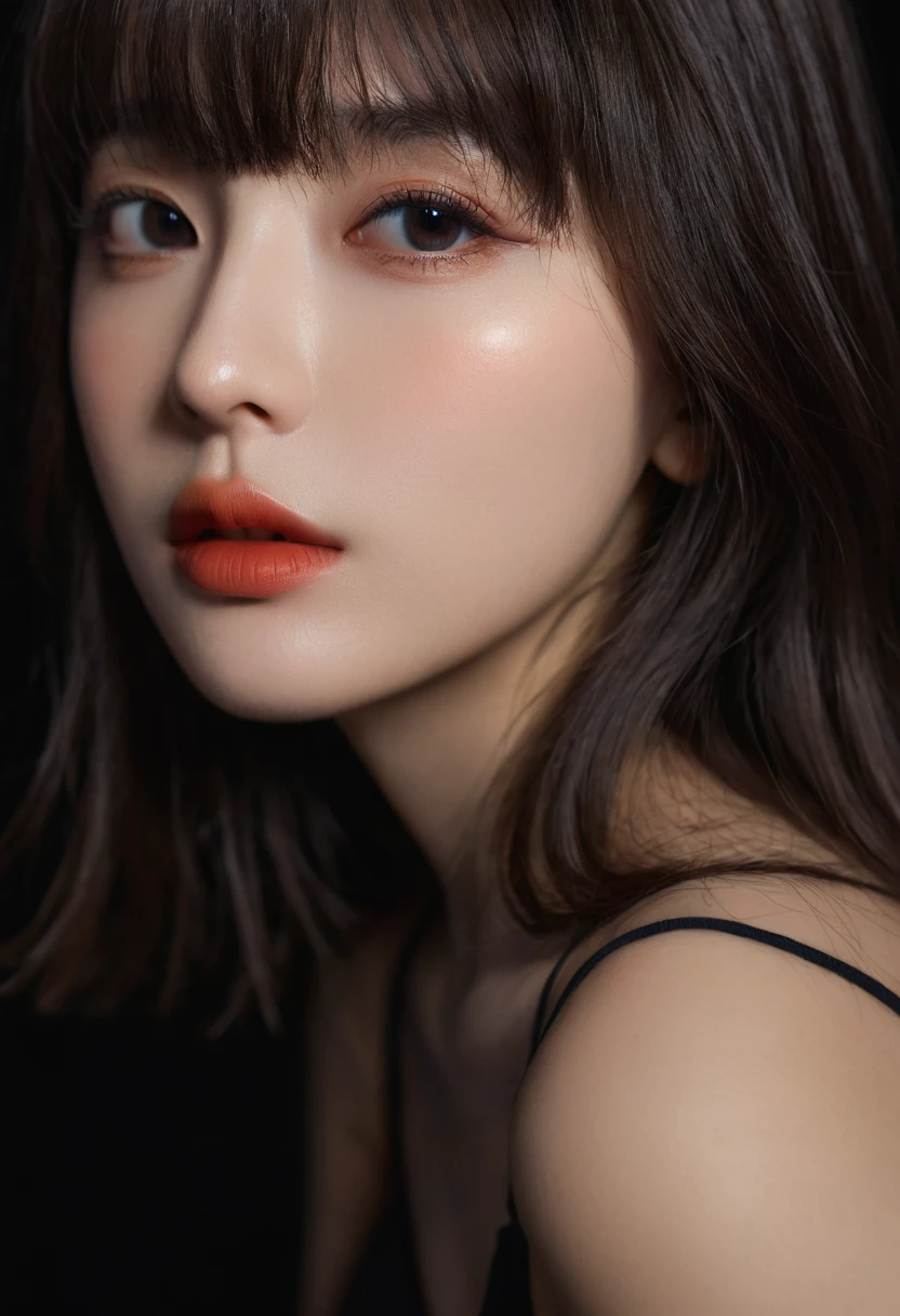 8K, best quality, 1 Girl, (Skin Indentation), night, (dark), Indoor clear background, (people), Beautiful bangs, Gorgeous,, (Clothing and:1.3),Soft lighting, attractive, dark Room, (mouth close:1.2, beautiful eyes, Delicate eyes, Detailed iris, Beautiful lips, Beautiful nose, Pretty Face),(primary color:1.5)