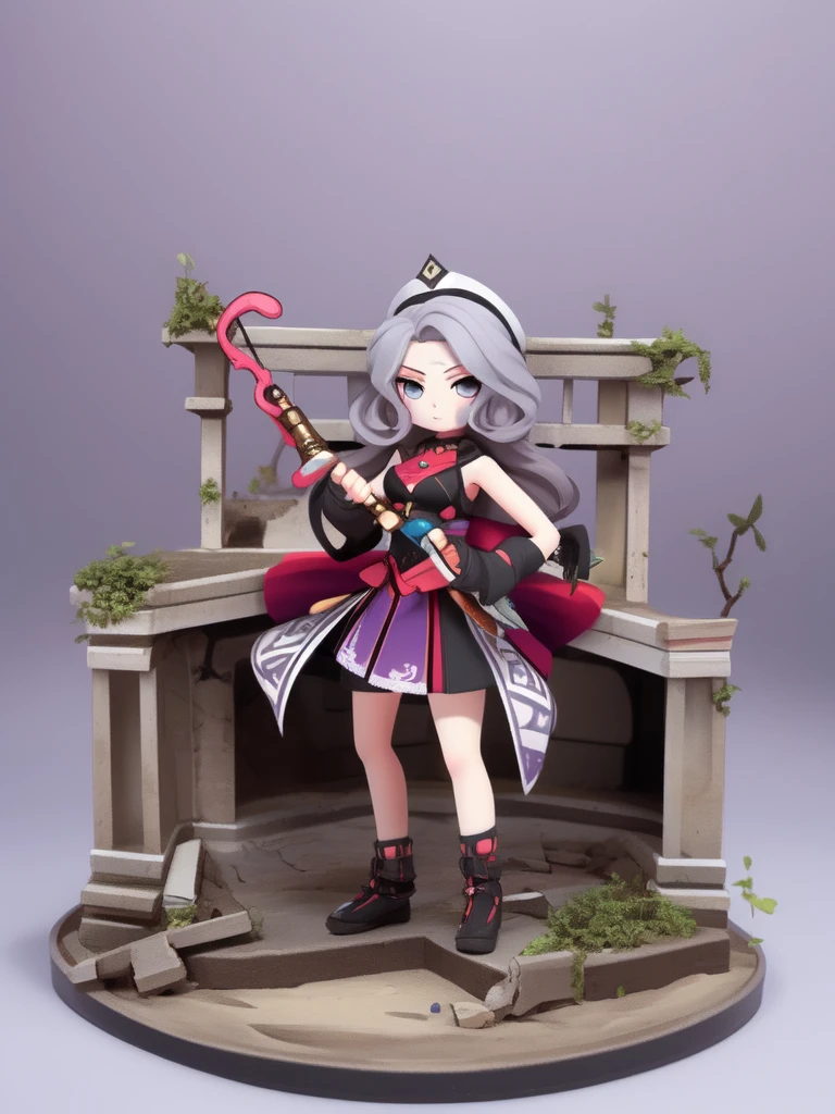 Tabletop Figures, Miniature, The face is precise(((must))), A Russian girl in her early 20s with ash grey hair, Fully equipped with jet black, state-of-the-art protectors, A brave pose brandishing a beautifully decorated long sword, The background is a diorama of ruins.