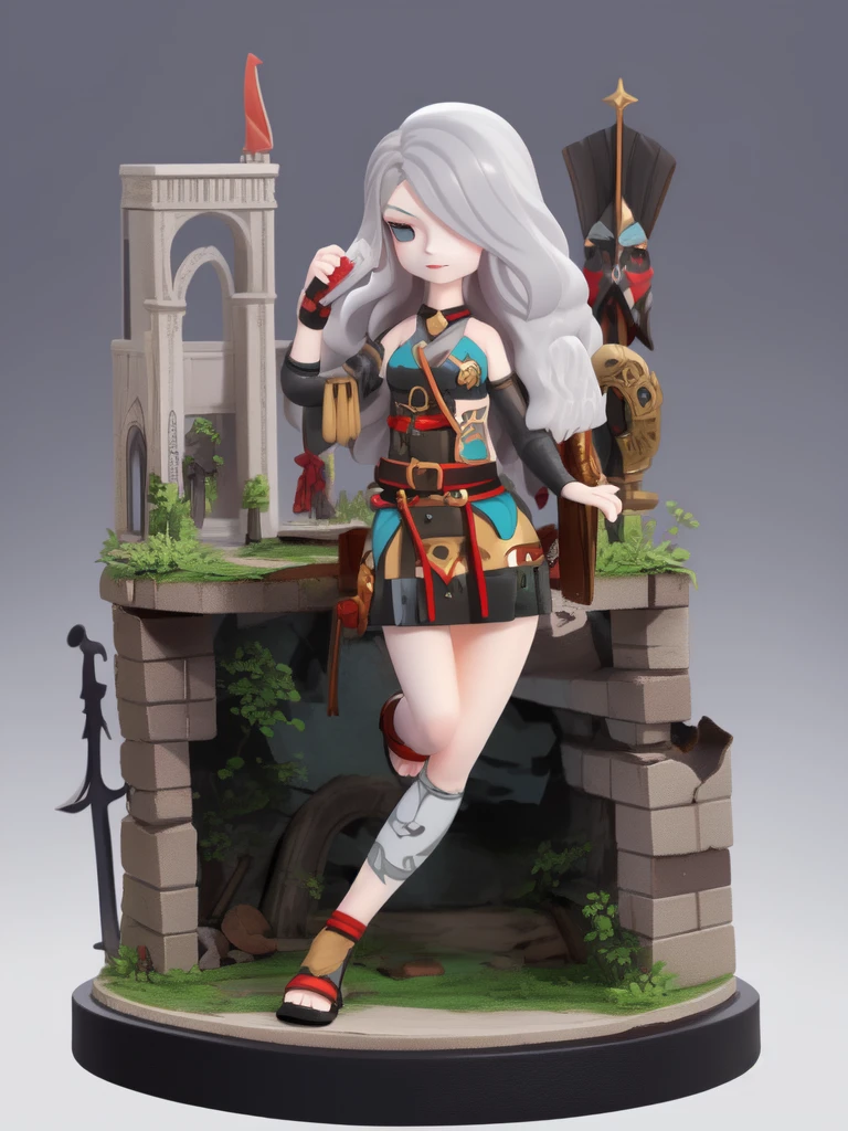 Tabletop Figures, Miniature, The face is precise(((must))), A Russian girl in her early 20s with ash grey hair, Fully equipped with jet black, state-of-the-art protectors, A brave pose brandishing a beautifully decorated long sword, The background is a diorama of ruins.