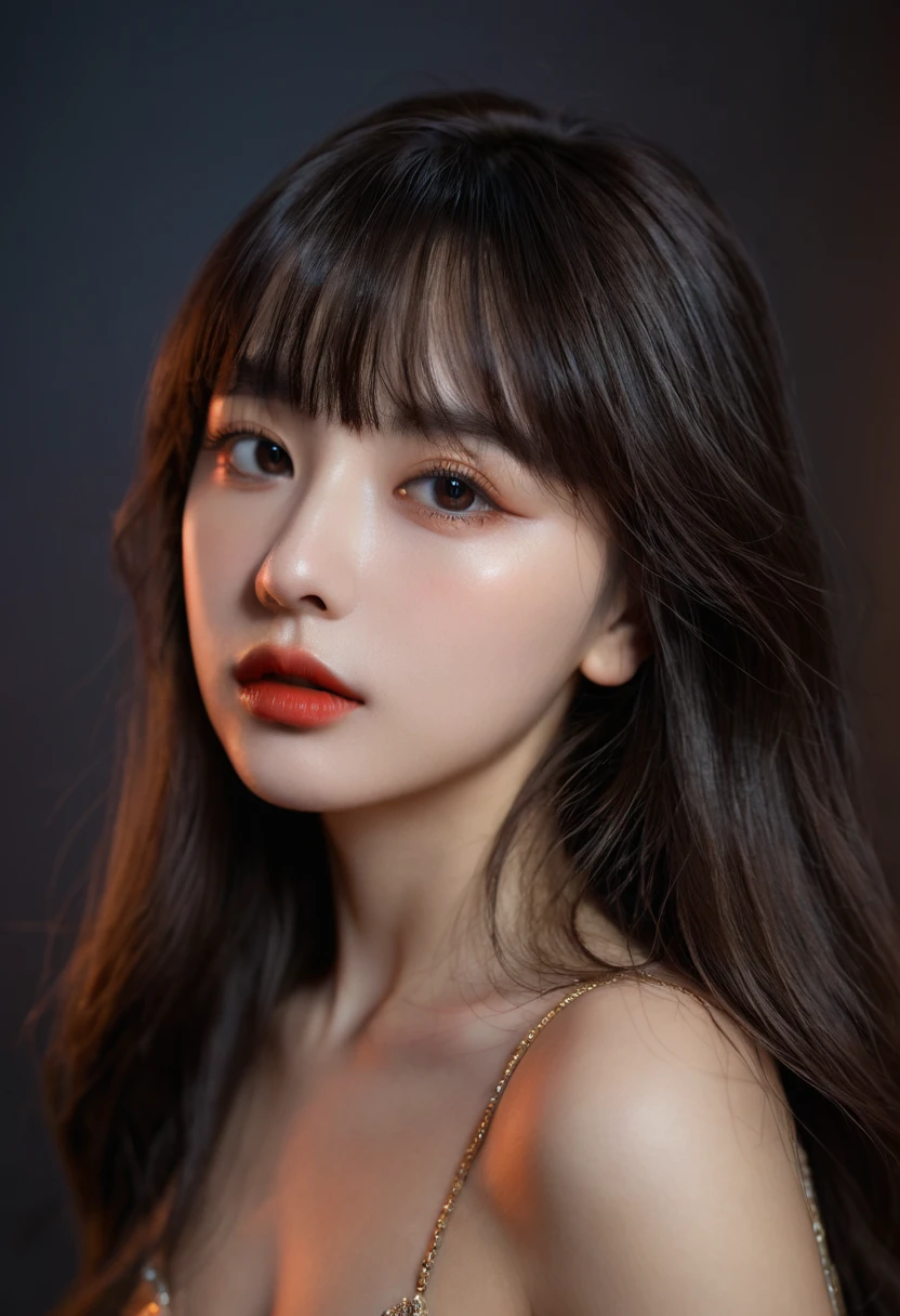 8K, best quality, 1 Girl, (Skin Indentation), night, (dark), Indoor clear background, (people), Beautiful bangs, Gorgeous,, (Clothing and:1.3),Soft lighting, attractive, dark Room, (mouth close:1.2, beautiful eyes, Delicate eyes, Detailed iris, Beautiful lips, Beautiful nose, Pretty Face),(primary color:1.5)