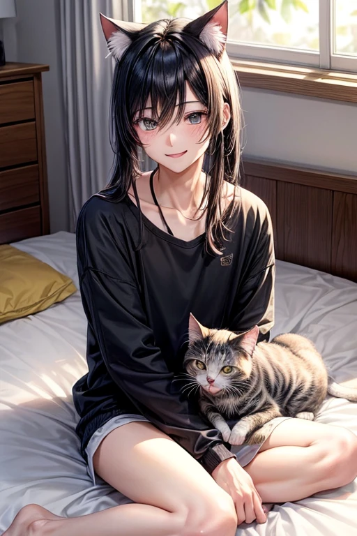 1人の若いmale性と3匹の小さな子猫,3 kittens,Refreshing surrounded by little kittens,Amazingly gentle smile,Mouth wide open,Playing with a cat,blush,Cats surround the screen,A very happy smile,Cat smiles too,color々Kittens of all kinds,Sunny,On the bed,Black Hair_male,Straight Hair_male,20-year-old_male,anime,Slender_male,Casual clothing_male