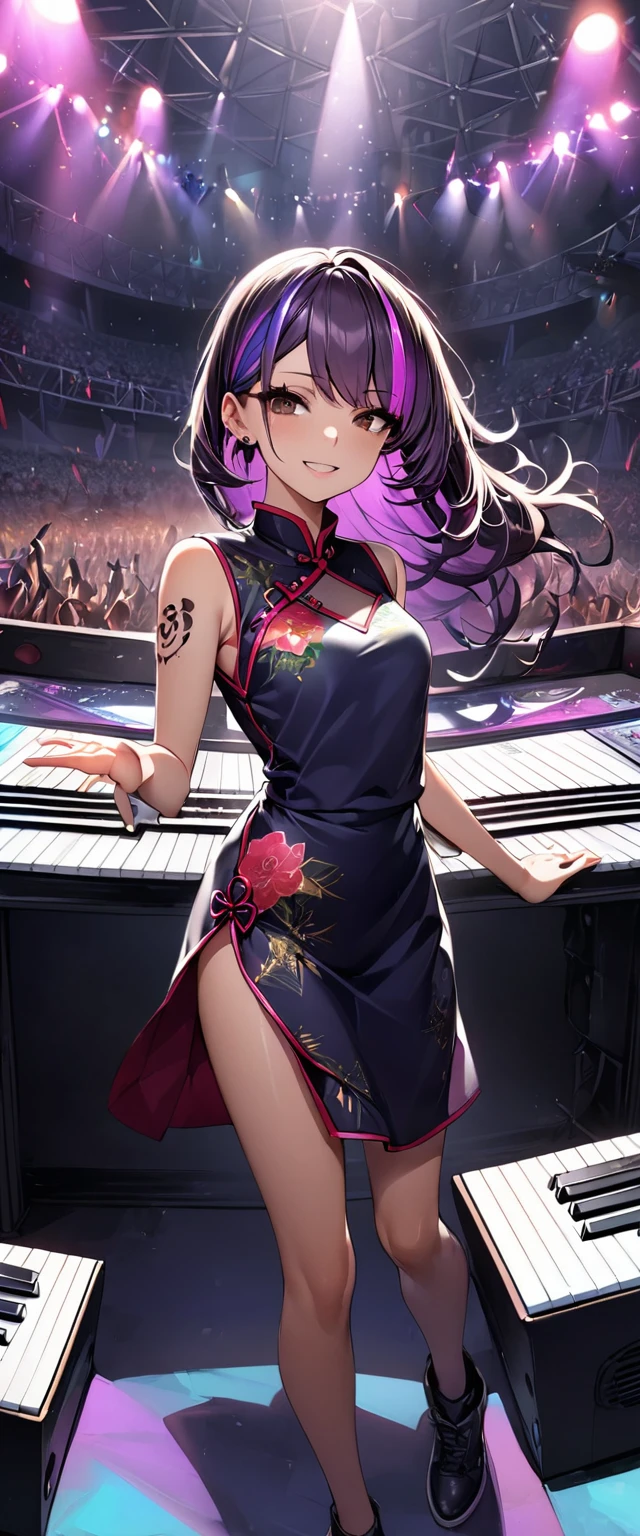 (highest quality:1.2, Very detailed, up to date, Vibrant, Ultra-high resolution, High Contrast, masterpiece:1.2, highest quality, Best aesthetics), Portraiture、girl、keyboard player、stage、performance、Rock Music、Bright colors、Beautiful fine details、Beautiful lip detail、long hair、black and purple ((streaked hair:1.6)), highlights hair: 1.5, brown eyes, slim body, (small breast:0.7), Music band、standing in keyboards booth, playing keyboards、(raise left hand high:1.5), Concert Light、Edgy Style、(colorful Cheongsam:1.2), (no sleeve:1), Dynamic Movement、hypnotic sounds、Stadium、amplifier、Loud music、(playing keyboards:1.6), (Floral Fineline tattoo design on left arm:1), Passionate performance、Sparkling stage、Concert atmosphere、Music Festival、Full of emotion、Rock star attitude、Resolute expression、Avid Fan、The presence of an attractive stage、 Expressive gestures、Rock star aura、An exciting atmosphere、An unforgettable show, closs earing, (full body:1.2)