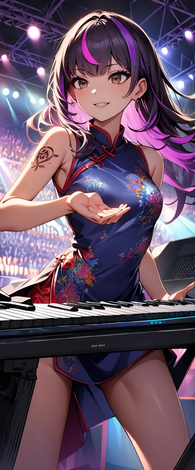 (highest quality:1.2, Very detailed, up to date, Vibrant, Ultra-high resolution, High Contrast, masterpiece:1.2, highest quality, Best aesthetics), Portraiture、girl、keyboard player、stage、performance、Rock Music、Bright colors、Beautiful fine details、Beautiful lip detail、long hair、black and purple ((streaked hair:1.6)), highlights hair: 1.5, brown eyes, slim body, (small breast:0.7), Music band、standing in keyboards booth, playing keyboards、(raise left hand high:1.5), Concert Light、Edgy Style、(colorful Cheongsam:1.2), (no sleeve:1), Dynamic Movement、hypnotic sounds、Stadium、amplifier、Loud music、(playing keyboards:1.6), (Floral Fineline tattoo design on left arm:1), Passionate performance、Sparkling stage、Concert atmosphere、Music Festival、Full of emotion、Rock star attitude、Resolute expression、Avid Fan、The presence of an attractive stage、 Expressive gestures、Rock star aura、An exciting atmosphere、An unforgettable show, closs earing, (full body:1.2)