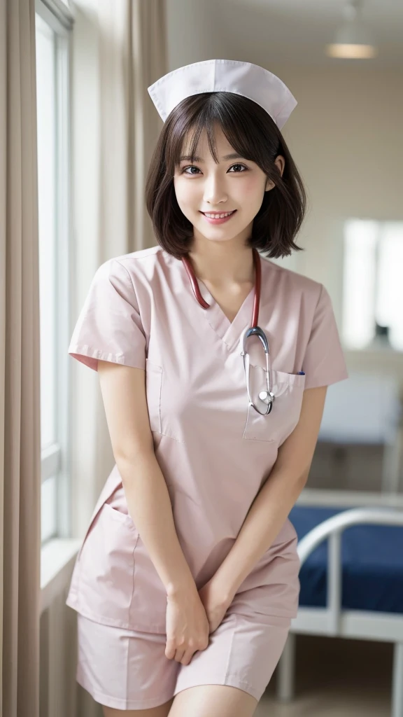 (Highest quality: 1.5), (Realistic: 1.5), (1 person: 1.5), Very detailed, High resolution, 8k,Natural color lips, Cute Smile, Japanese women, 20-year-old girl, Beautiful and elegant features, Perfect and beautiful face, Balanced big eyes, Beautiful and elegant features, Natural double eyelids, Natural Bangs, Beautiful thin nose, Beautiful Skin, Medium Bob Hair , Natural Bangs , Perfect and beautiful face, Slim face and figure, (Looking at the camera with a sweet smile), Bright lighting, Professional Lighting, Forward lighting, Beautiful feet: 1.2, Smooth Skin, Slender body, Slim waistline, slim thin thighs, Detailed clothing,  (real short nurse uniform:1.2), (nurse:1.4), Ultra HD, Realistic, hospital, Light Pink, nurse, white cosplay, nurse cosplay,  nurse outfit, standing, hospital, red cross, (8k, RAW photo, best quality, masterpiece:1.2), (extremely detailed 8k wallpaper), 1 girl, (solo:1.2),Photo of 20 years old Japanese actress.
