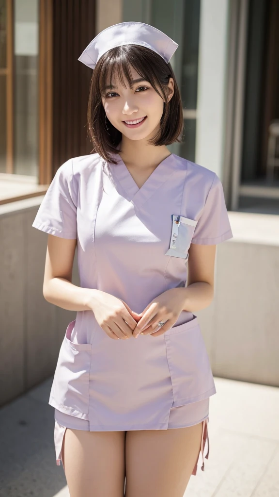 (Highest quality: 1.5), (Realistic: 1.5), (1 person: 1.5), Very detailed, High resolution, 8k,Natural color lips, Cute Smile, Japanese women, 20-year-old girl, Beautiful and elegant features, Perfect and beautiful face, Balanced big eyes, Beautiful and elegant features, Natural double eyelids, Natural Bangs, Beautiful thin nose, Beautiful Skin, Medium Bob Hair , Natural Bangs , Perfect and beautiful face, Slim face and figure, (Looking at the camera with a sweet smile), Bright lighting, Professional Lighting, Forward lighting, Beautiful feet: 1.2, Smooth Skin, Slender body, Slim waistline, slim thin thighs, Detailed clothing, (real short nurse uniform:1.2), (nurse:1.4), Ultra HD, Realistic, hospital, Light Pink, nurse, white cosplay, nurse cosplay, nurse outfit, standing, hospital, red cross, (8k, RAW photo, best quality, masterpiece:1.2), (extremely detailed 8k wallpaper), 1 girl, (solo:1.2),Photo of 20 years old Japanese actress.