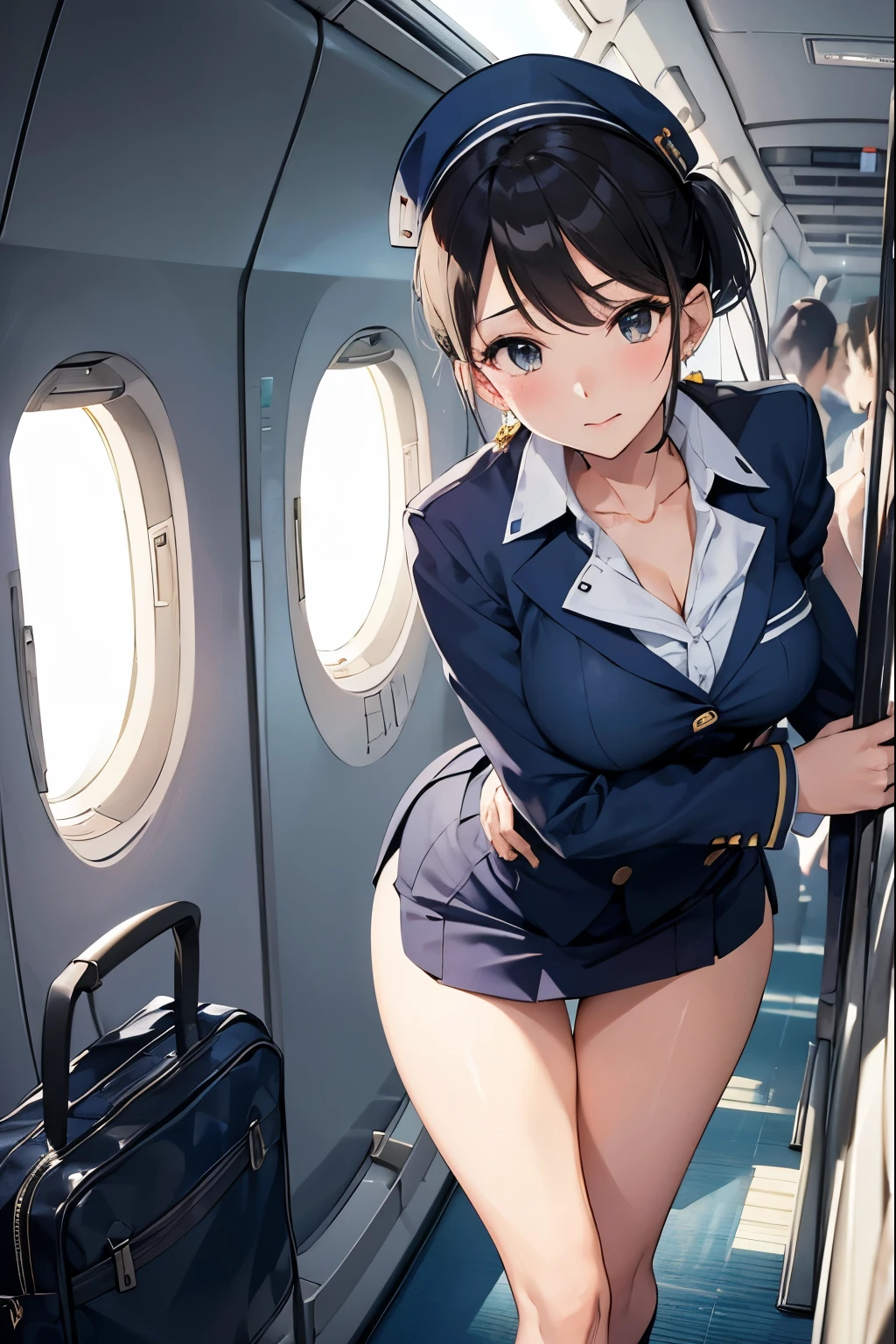 flight attendant、Stewardess Uniform、Beauty、Run、Inside the plane、Adorable expression、Stick your butt out、Bend、Sexy、Large breasts、Earrings、ponytail、Stewardess Hat、Serious expression