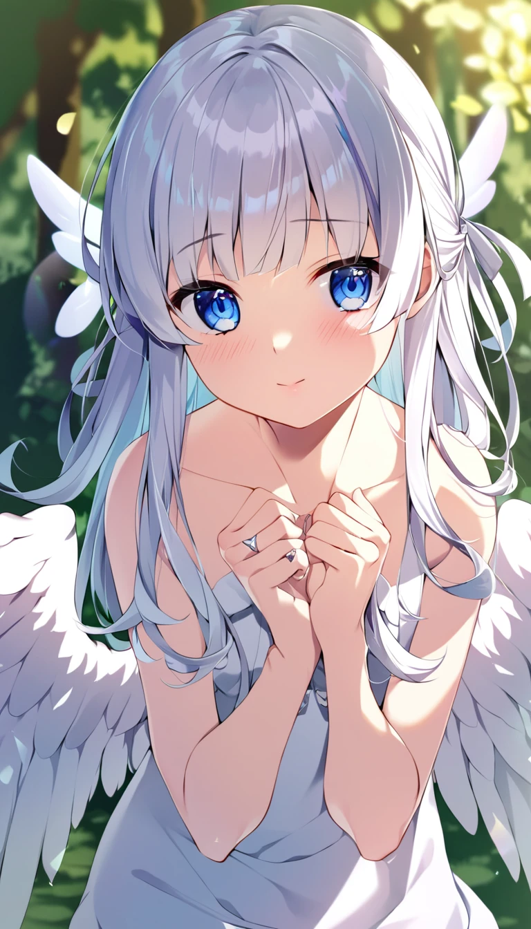 one girl, angel, angel wing, angel ring, sacred, cute, naive, pure white angel, , beautiful, light blue eyes