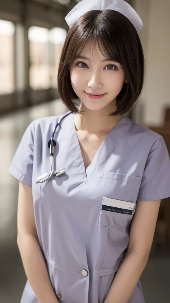 (Highest quality: 1.5), (Realistic: 1.5), (1 person: 1.5), Very detailed, High resolution, 8k,Natural color lips, Cute Smile, Japanese women, 20-year-old girl, Beautiful and elegant features, Perfect and beautiful face, Balanced big eyes, Beautiful and elegant features, Natural double eyelids, Natural Bangs, Beautiful thin nose, Beautiful Skin, Medium Bob Hair , Natural Bangs , Perfect and beautiful face, Slim face and figure, (Looking at the camera with a sweet smile), Bright lighting, Professional Lighting, Forward lighting, Beautiful feet: 1.2, Smooth Skin, Slender body, Slim waistline, slim thin thighs, Detailed clothing,  (real short nurse uniform:1.2), (nurse:1.4), Ultra HD, Realistic, hospital, Light Pink, nurse, white cosplay, nurse cosplay,  nurse outfit, standing, hospital, red cross, (8k, RAW photo, best quality, masterpiece:1.2), (extremely detailed 8k wallpaper), 1 girl, (solo:1.2),Photo of 20 years old Japanese actress.
