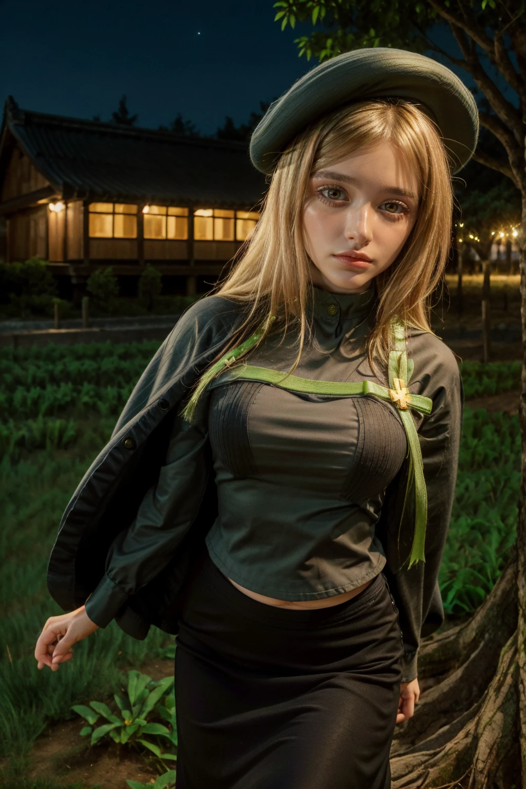 1 girl, best quality, ((Miyo)), tarankaaa, NOT DASHA TARAN, perfect face, beautiful smile, 30 years old, ((ascot, uniform, black skirt, cross, ribbon, gold blonde hair, emerald, beret, cape, pantyhose, shirt cover til hips, long shirt)), ((perfectly drawn hands)), perfect body, bare tree, bush, fog, forest, grass, nature, outdoors, plant, scenery, solo, standing, tree, 32k photograph, ((perfect eyes, detailed eyes,realistic eyes)), ((sharp face, detailed face, realistic face, natural skin, realistic skin, detailed skin, pores)), full body, tone mapping, asian-european, ((masterpiece)), ((highres)), ((detailed background)), japanese village background, night, big proportions