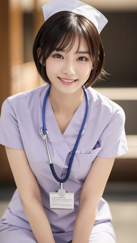 (Highest quality: 1.5), (Realistic: 1.5), (1 person: 1.5), Very detailed, High resolution, 8k,Natural color lips, Cute Smile, Japanese women, 20-year-old girl, Beautiful and elegant features, Perfect and beautiful face, Balanced big eyes, Beautiful and elegant features, Natural double eyelids, Natural Bangs, Beautiful thin nose, Beautiful Skin, Medium Bob Hair , Natural Bangs , Perfect and beautiful face, Slim face and figure, (Looking at the camera with a sweet smile), Bright lighting, Professional Lighting, Forward lighting, Beautiful feet: 1.2, Smooth Skin, Slender body, Slim waistline, slim thin thighs, Detailed clothing,  (real short nurse uniform:1.2), (nurse:1.4), Ultra HD, Realistic, hospital, Light Pink, nurse, white cosplay, nurse cosplay,  nurse outfit, standing, hospital, red cross, (8k, RAW photo, best quality, masterpiece:1.2), (extremely detailed 8k wallpaper), 1 girl, (solo:1.2),Photo of 20 years old Japanese actress.
