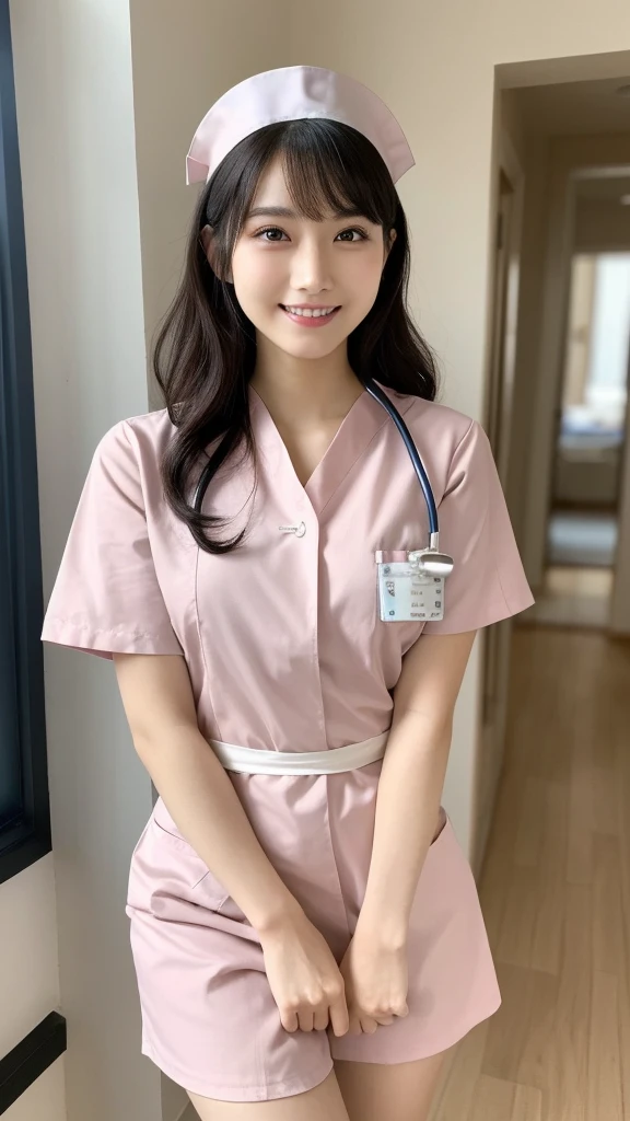 (Highest quality: 1.5), (Realistic: 1.5), (1 person: 1.5), Very detailed, High resolution, 8k,Natural color lips, Cute Smile, Japanese women, 20-year-old girl, Beautiful and elegant features, Perfect and beautiful face, Balanced big eyes, Beautiful and elegant features, Natural double eyelids, Natural Bangs, Beautiful thin nose, Beautiful Skin, Medium Bob Hair , Natural Bangs , Perfect and beautiful face, Slim face and figure, (Looking at the camera with a sweet smile), Bright lighting, Professional Lighting, Forward lighting, Beautiful feet: 1.2, Smooth Skin, Slender body, Slim waistline, slim thin thighs, Detailed clothing, (real short nurse uniform:1.2), (nurse:1.4), Ultra HD, Realistic, hospital, Light Pink, nurse, white cosplay, nurse cosplay, nurse outfit, standing, hospital, red cross, (8k, RAW photo, best quality, masterpiece:1.2), (extremely detailed 8k wallpaper), 1 girl, (solo:1.2),Photo of 20 years old Japanese actress.