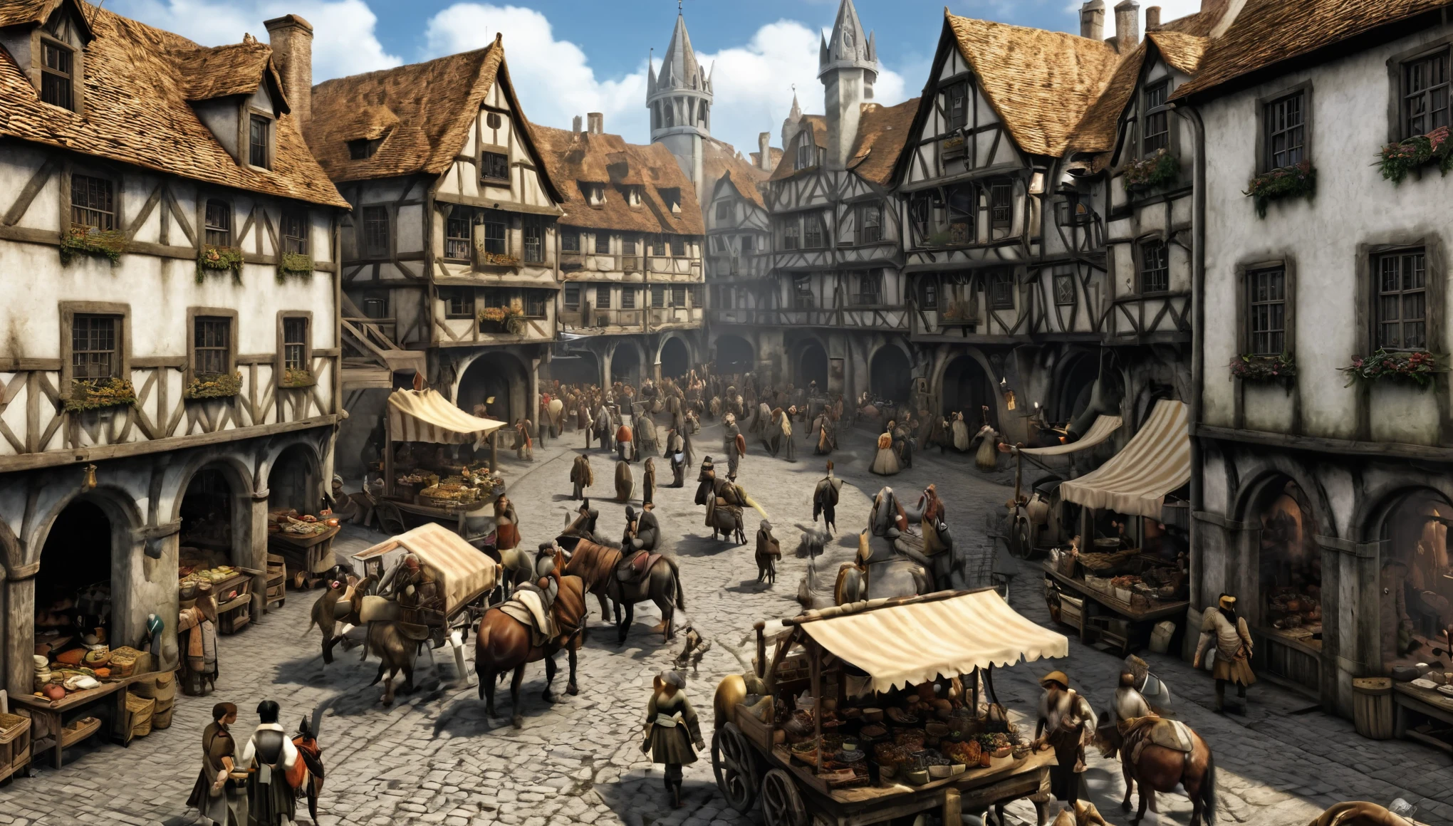 A bustling medieval market square scene with various stalls and traders selling goods, inspired by the art of Pieter Bruegel the Elder and fantasy medieval RPG games like Skyrim, featuring intricate architectural details, colorful banners, lively characters in period clothing, animals like horses and dogs, sunlight filtering through the clouds, and a sense of bustling activity and camaraderie --s 150 --ar 1:1 --c 5 --v 5.2