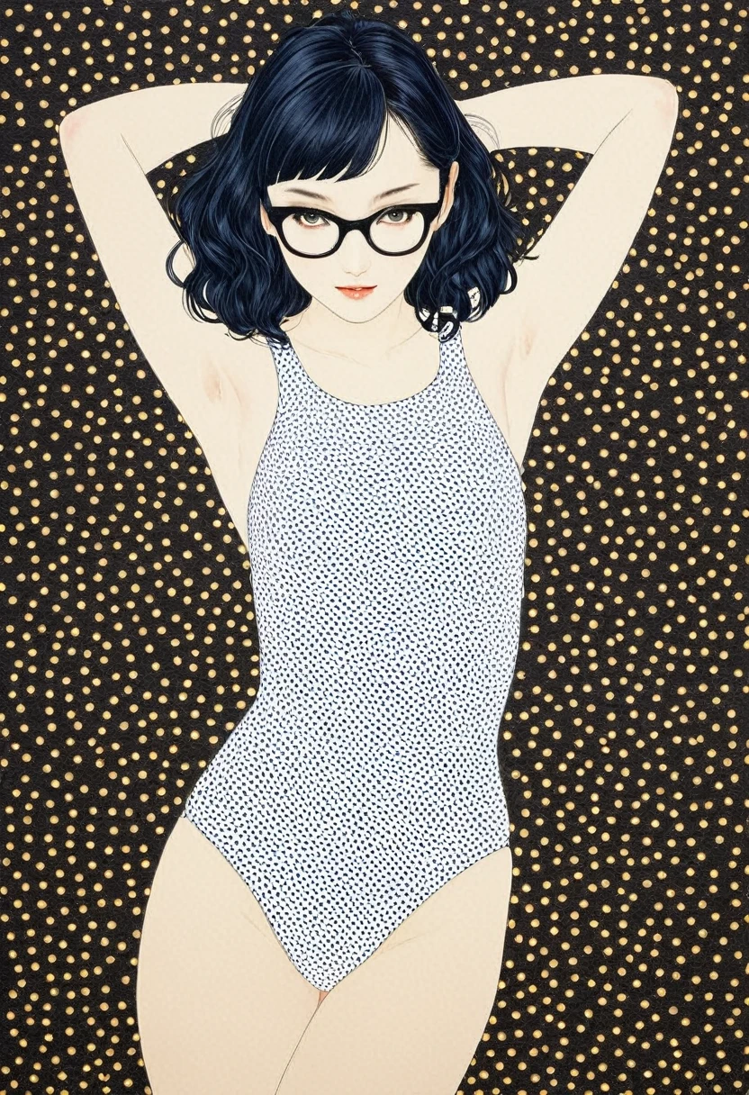 Line art、Vector art,White Polka Dots - Art,(Polka dots:1.3), (Masterpiece, Highest quality),Delicate colors, Super delicate pattern colorful, Highest quality, Cute beautiful girl, 15 years old,(Navy one-piece swimsuit、One piece swimsuit)、,White skin、No smiles、Black Hair、Short bangs、Braid、Brow wrinkles、Black glasses、Big Breasts、Pop Art、(Plump;1.2)From above、Takato Yamamotoスタイル、Art Style:Takato Yamamoto