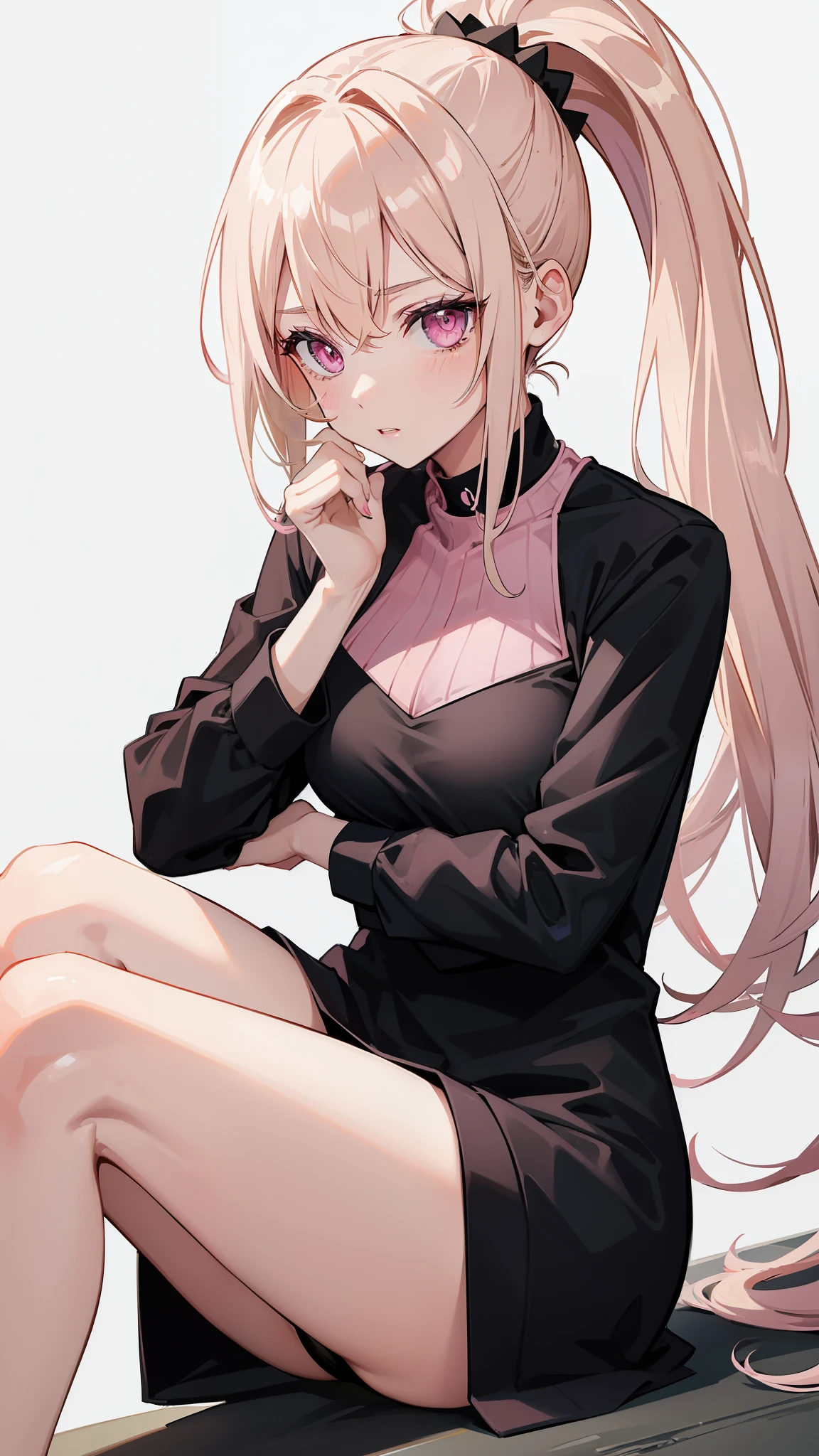 (((Adult woman))), ponytail blonde hair, (Pink eyes), black dress