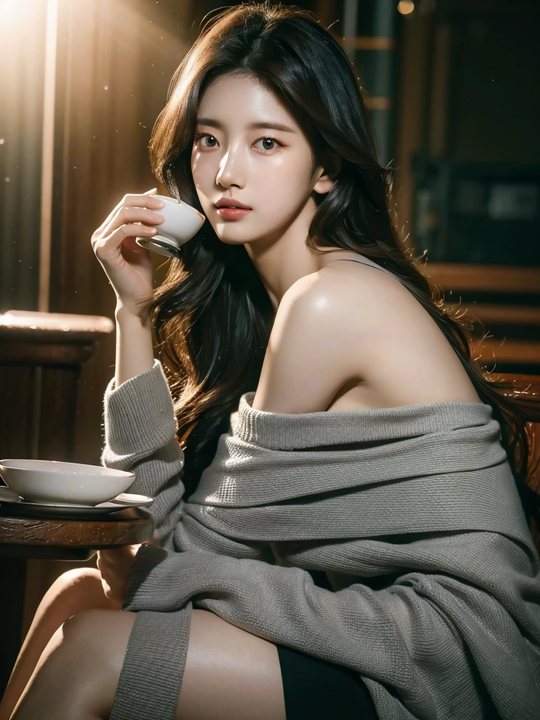 8k, masterpiece, RAW photos, best quality, realistic, extremely detailed CG unity 8k wallpaper, depth of field, Cinematic Light, lens flare, ray tracing, (very beautiful face, beautiful lips, beautiful eyes), A face with intricate details, ((highly detailed skin)), best quality, masterpiece, ultra high resolution, (realistic photo:1.5), Original image, Luxury dresses, 1 woman, Off shoulder, in the dark, deep shadow, low tune, cold light, sexy look, long gray hair,cafe,pretty,rim light,Swirling hair, medium shot, big .