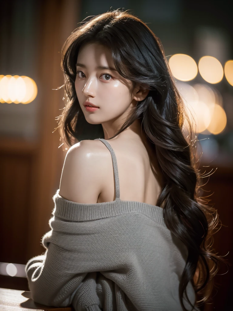 8k, masterpiece, RAW photos, best quality, realistic, extremely detailed CG unity 8k wallpaper, depth of field, Cinematic Light, lens flare, ray tracing, (very beautiful face, beautiful lips, beautiful eyes), A face with intricate details, ((highly detailed skin)), best quality, masterpiece, ultra high resolution, (realistic photo:1.5), Original image, Luxury dresses, 1 woman, Off shoulder, in the dark, deep shadow, low tune, cold light, sexy look, long gray hair,cafe,pretty,rim light,Swirling hair, medium shot, big .