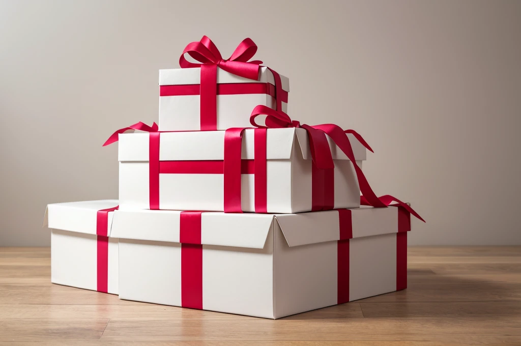 Birthday present box, Stacked, 3stacked in tiers, Beautiful ribbon, White Wall, 4K, High resolution,