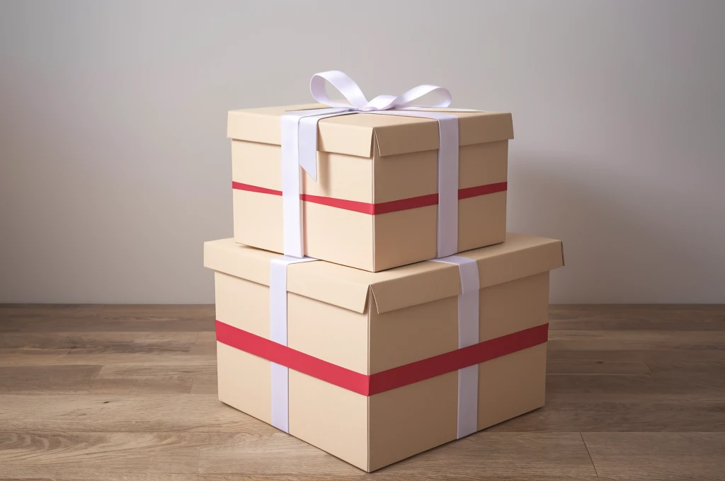 Birthday present box, Stacked, 3stacked in tiers, Beautiful ribbon, White Wall, 4K, High resolution,