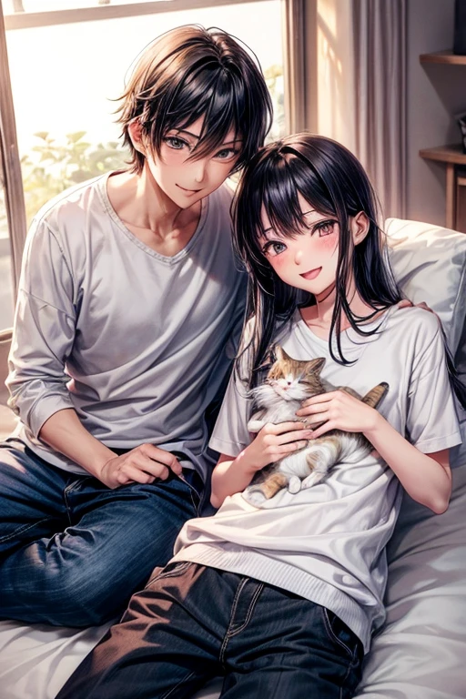 1人の若いmale性と3匹の小さな子猫,3 kittens,Surrounded by small kittens,refreshing,Amazingly gentle smile,Mouth wide open,Playing with a cat,blush,Cats surround the screen,A very happy smile,Cat smiles too,color々Kittens of all kinds,Sunny,On the bed,Black Hair_male,Straight Hair_male,20-year-old_male,anime,Slender_male,Casual clothing_male