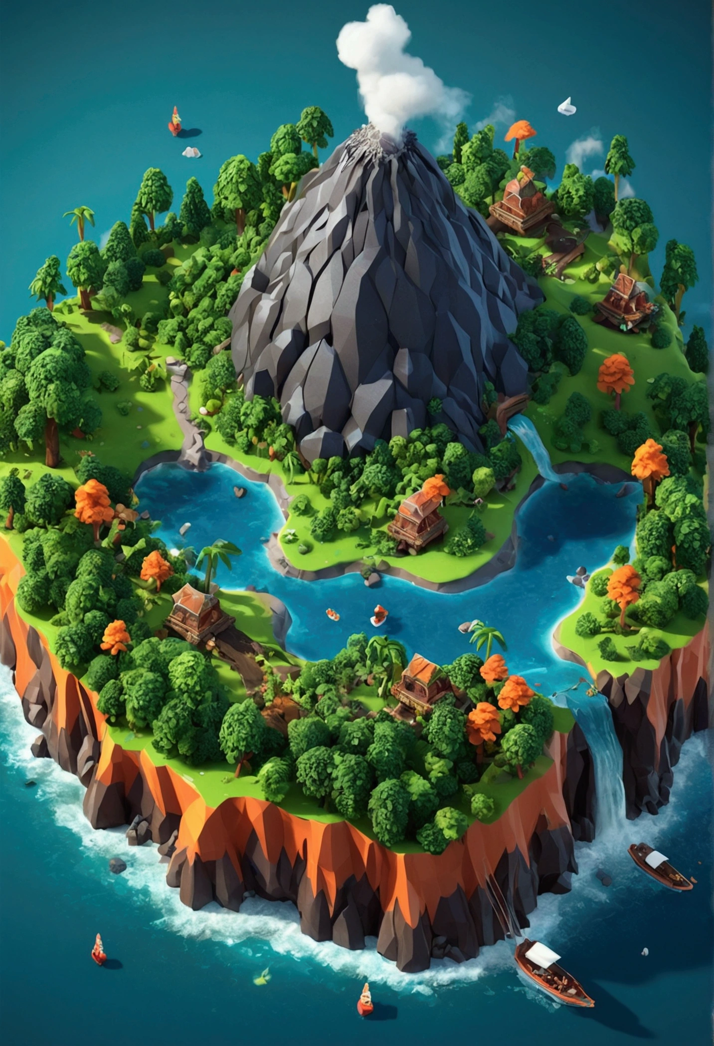 Volcanic island，Densely forested island， Isometric 3D Neverland, 等距Game assets, 3 d stylize scene, Island Background, 3D rendering style，Game assets, High quality low polygon art，Stylized 3D, Stylized 3d rendering, isometric 8k