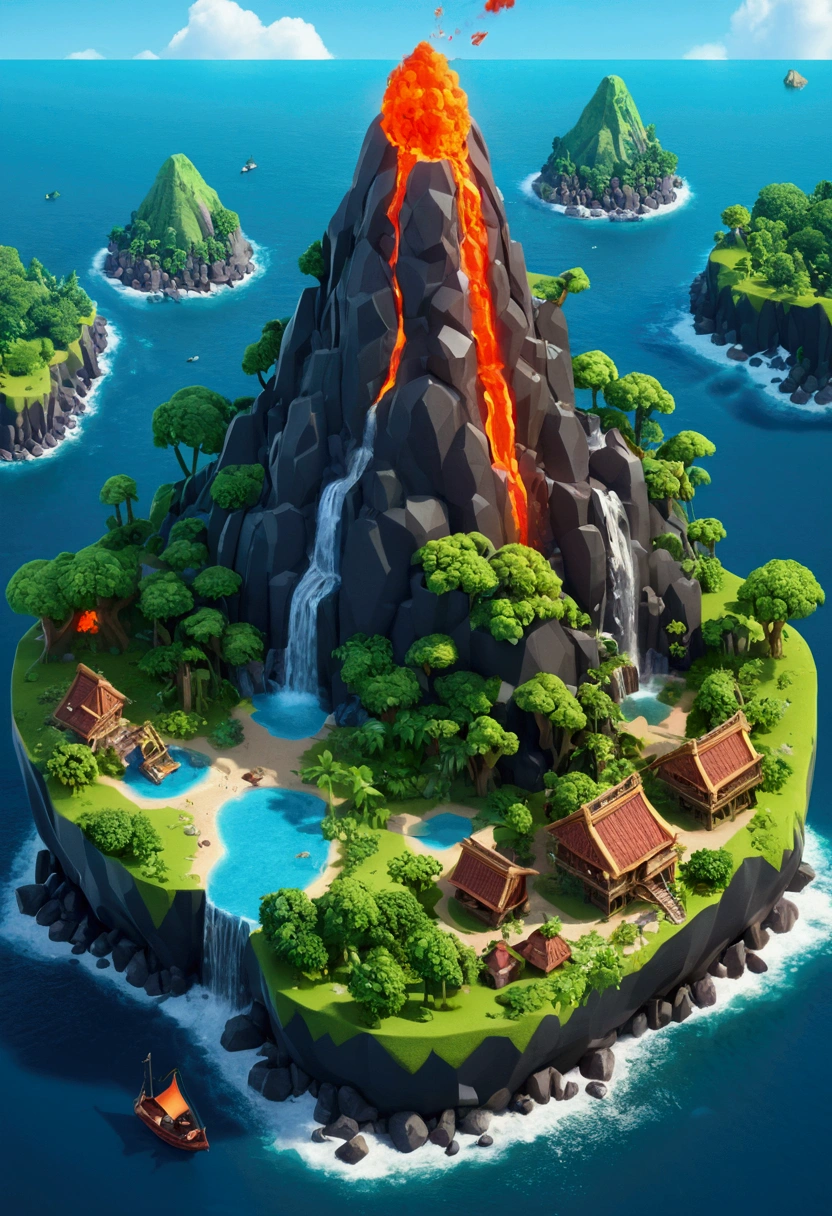 Volcanic island,Densely forested island, Isometric 3D Neverland, 等距Game assets, 3 d stylize scene, Island Background, 3D rendering style,Game assets, High quality low polygon art,Stylized 3D, Stylized 3d rendering, isometric 8k