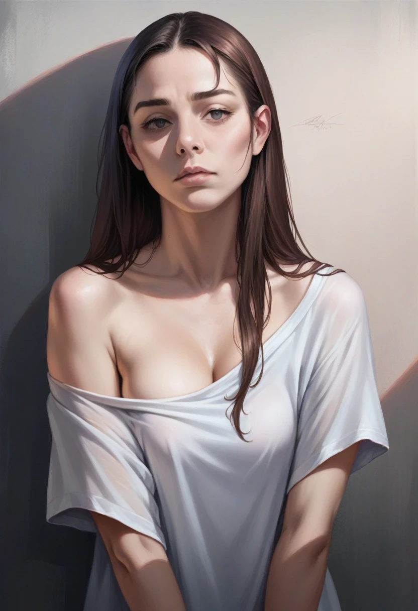 Best quality, masterpiece, ultra high res, (photorealistic:1.4), raw photo, 1nakedgirl, offshoulder, in the dark, deep shadow, low key, cold light, detailed skin