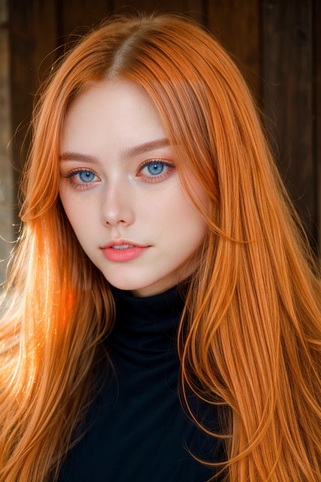 solo, very detailed, detailed face, very long hair, picture of a beautiful young woman, NOT dasha_taran, sfw, ((natural orange hair)), beautiful natural blue eyes, High Definition RAW Photography, 16k photography,