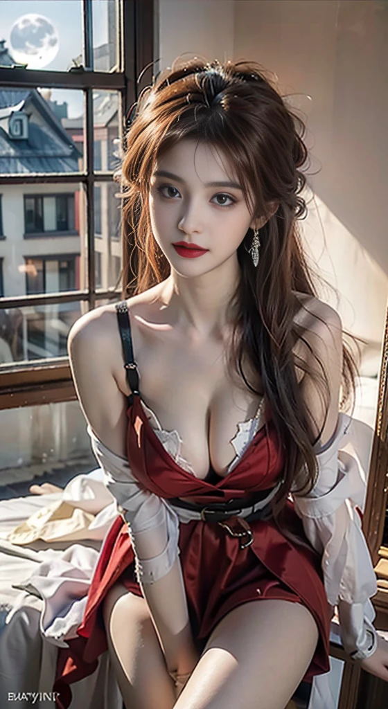 1girl,red_dress, ((Full breasts)), ((Chest Window, Visible cleavage)), ((Showing off sexy legs)), ((knee shot)), ((Standing, Elegant posture)), 1girl,独奏, Cute Girl, red makeup, Ancient makeup, Beauty, Practical, Fashion Girl, Red lips, Mature women, Exquisite makeup, big eyes, beautiful, (best quality, masterpiece:1.2), Extremely detailed, (Practical:1.37), ((Random Scenes, Random shooting angle)), ((Sexy long legs)), Young and energetic, Charming model, (Exquisite eyes, Delicate lips), Show a bright smile, Create stunning girl images, warm color, Extremely saturated colors, Official Art, Extremely detailed的 CG, Unity 8K wallpaper, (High Dynamic Range :1.4), (Movie atmosphere),(Soft colors), (Natural skin texture, ultra-Practical, Soft Light, sharp),(Very detailed), night, moonlight