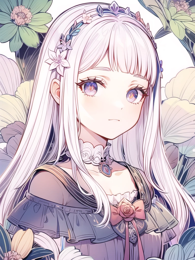 ((Masterpiece, best quality))++, Detailed light+,  fine hair+, hand details+ ,1 woman, miss, long hair,   Crimson eyes,  beautiful eyes, youthful white hair,,(Beautiful white hair:1.5),(Beautiful and delicate eyes),  high resolution+,glass color, Reflective eyes,   {{corner}} , extremely detailed wallpaper, original, ,Sea of Flowers，Air Bang，city road，double ponytail，Very beautiful CG，girls shopping，headband