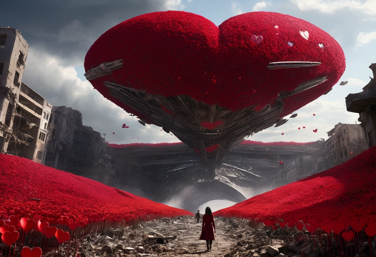 An incredible movie scene with a large spaceship in third person in the scene flies over a large valley with a field of abstract flowers in the shape of red hearts on thin stems Scscesce in the vegatation among the rubble of a destroyed city, its flight between the remains of buildings Fallen bridges Destroyed streets reflect the shadow of the large ship projected on the ruins