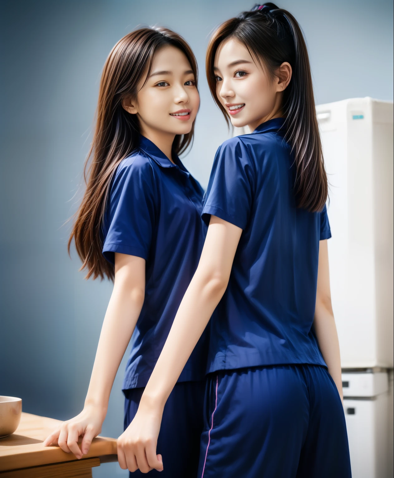 (best quality,10,10,height,Masterpiece:1.2),Special details,(realistic,ภาพrealistic,Realistic photos:1.37),1 Cute girl in the kitchen,shiny, ผิวshiny,only,smile softly,BDclothelue shirt:1.3)),short sleeve,shirt, กางเกงขาlong.,(navy_long_track pants:1.1), ((Kitchen Background)),Dynamic angle,excited,Face focus,dynamic poses,from behind,focus on ass,Masterpiece, best quality, ultra realistic, hyper detail, 8k resolution, raw photos, Sharp focus, ((Navy blue shirt:1.1)), short sleeve, เส้นทางlong, perfect body, 2 mature women, 18 years old, Cinema-grade lighting system,blue sweatpants,shirtผ้าออกกำลังกาย,correct anatomy,perfect body, correct body, Sharp face, correct bodyทางกายวิภาค, full body, realistic gestures, long-haired, realistic poses,Wear long shorts...........................,ช่วงขาlong,Good shape,carved girl, Slender figure, model, Good shape, beautiful body,blue sweatpants, two girls kissing