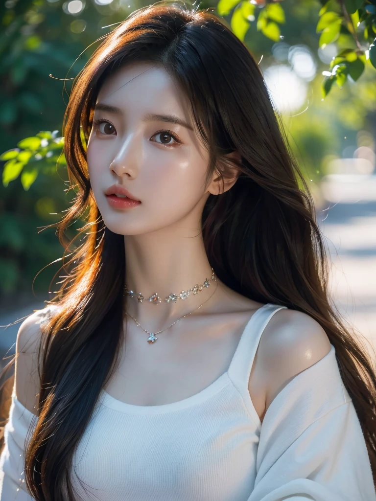 8k, masterpiece, RAW photos, best quality, realistic, extremely detailed CG unity 8k wallpaper, depth of field, Cinematic Light, lens flare, ray tracing, (very beautiful face, beautiful lips, beautiful eyes), A face with intricate details, ((highly detailed skin), Photos of Pretty 1 girl highest quality, ultra high resolution, (In reality:1.4),cute hairpins,1 girl,red long hair,Cropped sweater ,Beautiful woman with a slender body:1.4, pronounced abs:1.4, on the island,ultra fine face,Exquisite eyes,double eyelid,choker necklace