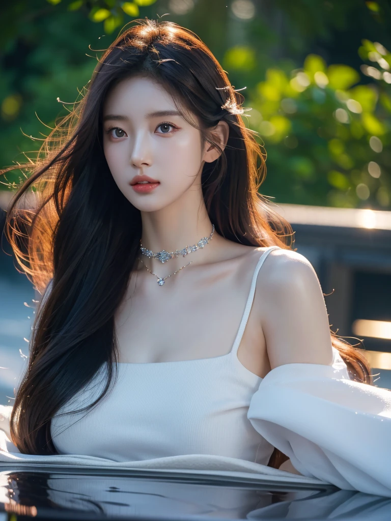8k, masterpiece, RAW photos, best quality, realistic, extremely detailed CG unity 8k wallpaper, depth of field, Cinematic Light, lens flare, ray tracing, (very beautiful face, beautiful lips, beautiful eyes), A face with intricate details, ((highly detailed skin), Photos of Pretty 1 girl highest quality, ultra high resolution, (In reality:1.4),cute hairpins,1 girl,red long hair,Cropped sweater ,Beautiful woman with a slender body:1.4, pronounced abs:1.4, on the island,ultra fine face,Exquisite eyes,double eyelid,choker necklace