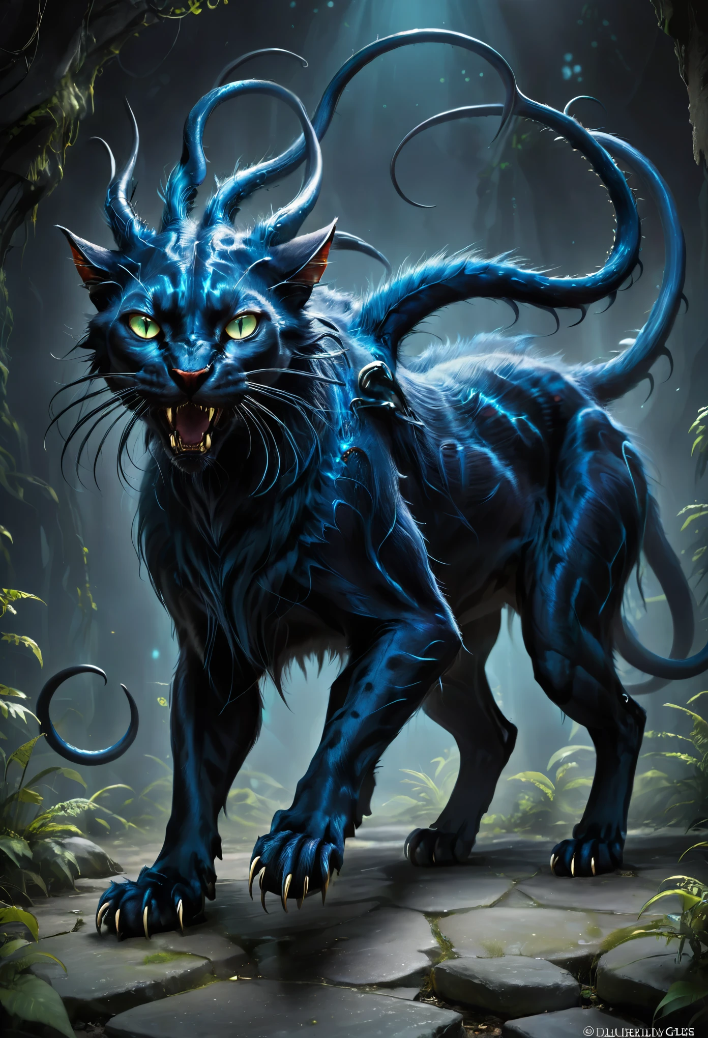 DISPLACER BEAST, feral, solo, FELINE BODY, HORROR, six legs, six paws, DISPLACER beast looks like a large cat, covered with smooth blue-black fur. Its alien origins are obvious from the six legs and two tentacles that grow from its shoulders, ending in pads with sharp spines. The beast's eyes glow with a terrifying malice that persists even after its death.