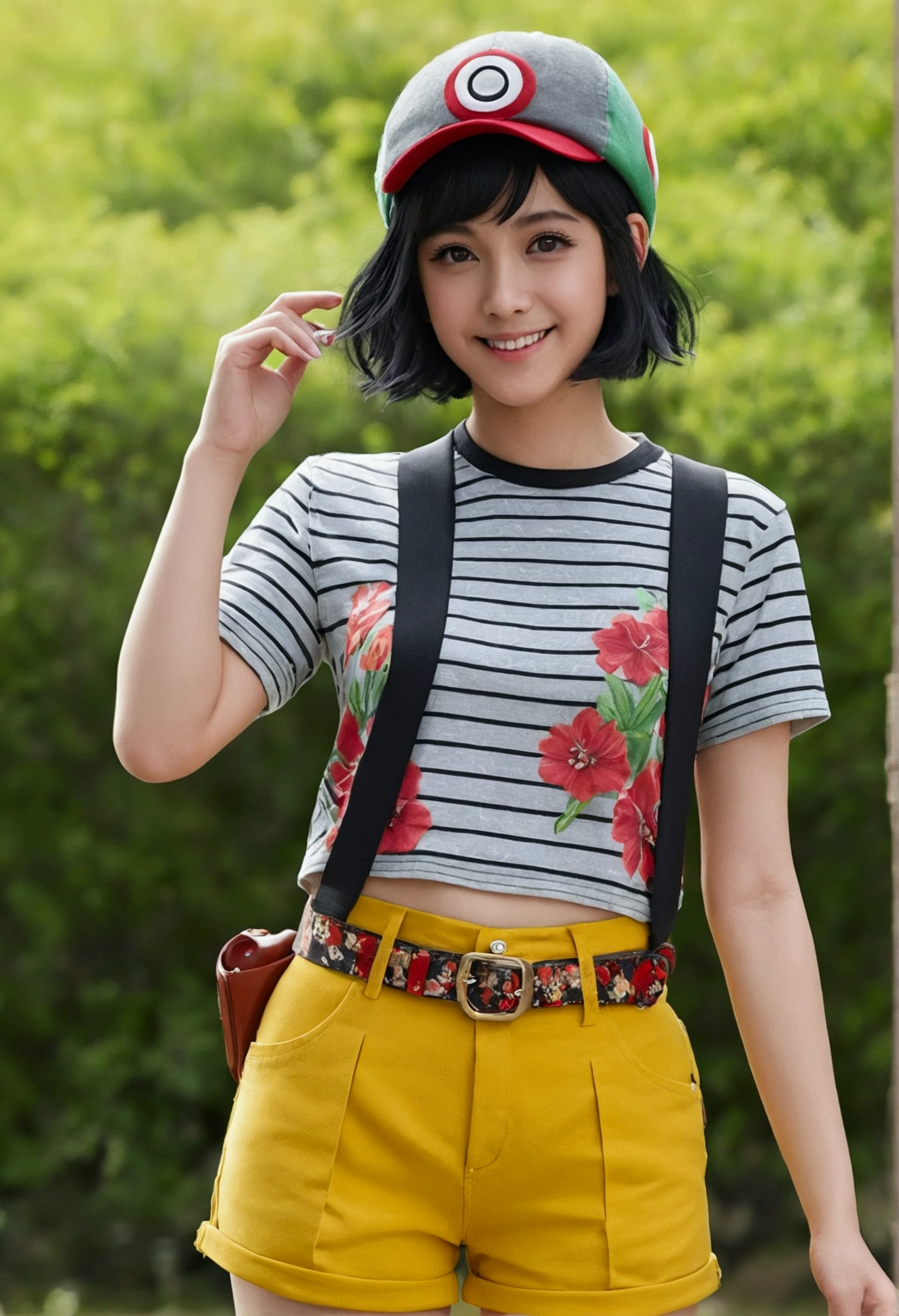 ((masterpiece,best quality)), absurdres, selene \(pokemon\), solo, grey eyes, black hair, green shorts, red headwear, beanie, shirt, tied shirt, floral print, short hair, short sleeves, short shorts, striped, yellow shirt, belt, midriff, solo, smiling, looking at viewer, cowboy shot, cinematic composition, contrapposto,