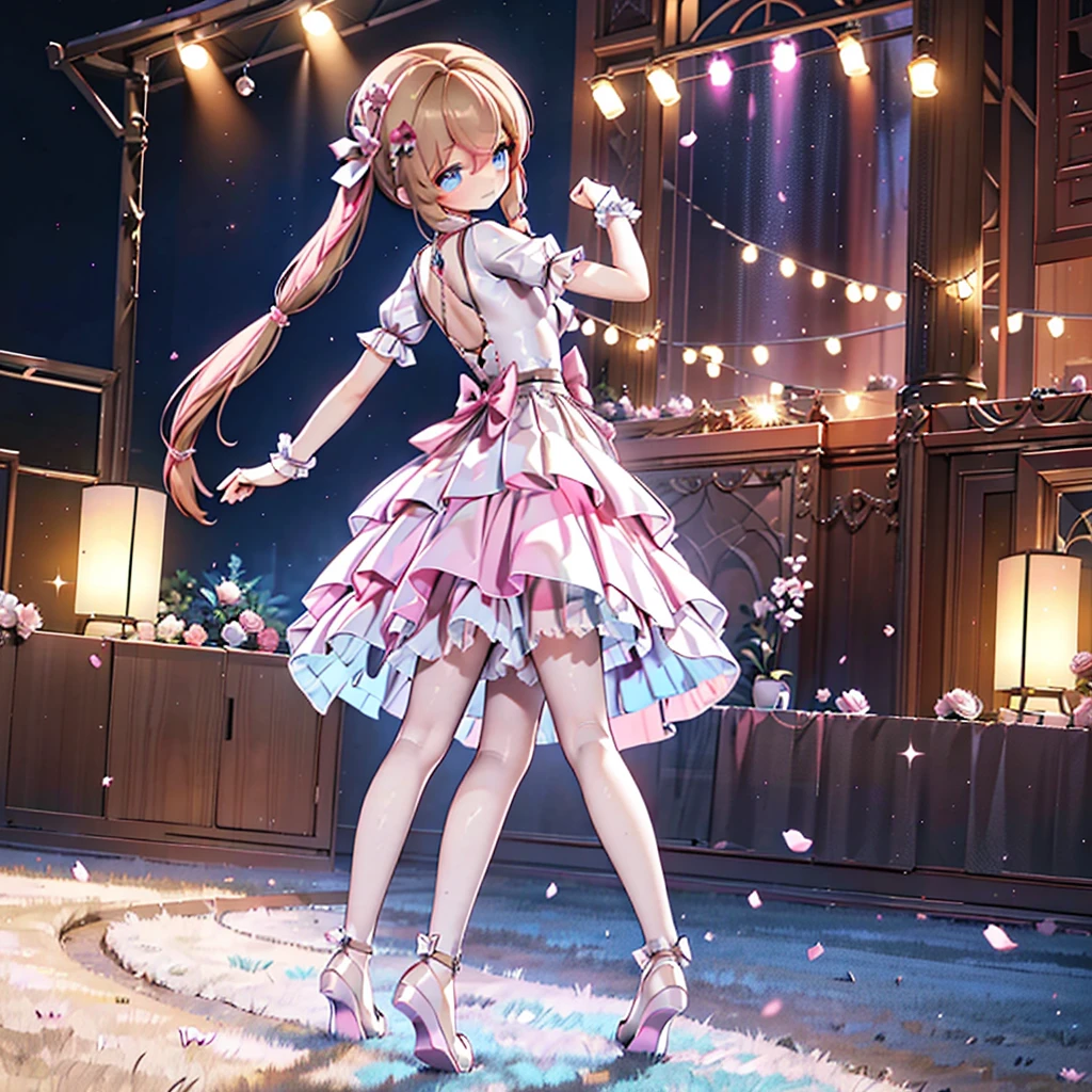 Solo girl, comical, kawaii, Blue eyes, light brown hair, back high twintails, front low braids, princess dress, smile, from view, dance at the stage, neon and led lights, posing, sexy, high-resolution image, masterpiece, high quality, attractive eyes, full body