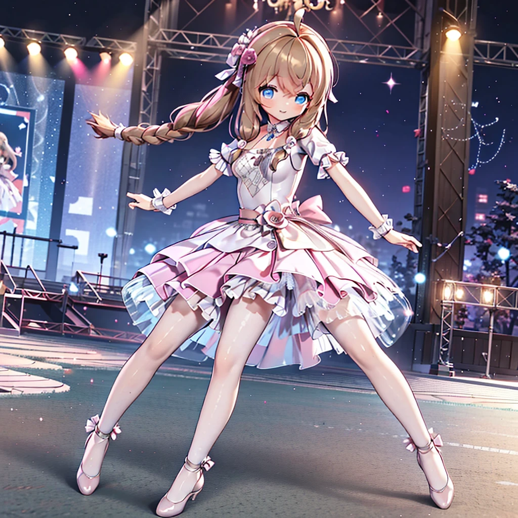 Solo girl, comical, kawaii, Blue eyes, light brown hair, back high twintails, front low braids, princess dress, smile, from view, dance at the stage, neon and led lights, posing, sexy, high-resolution image, masterpiece, high quality, attractive eyes, full body