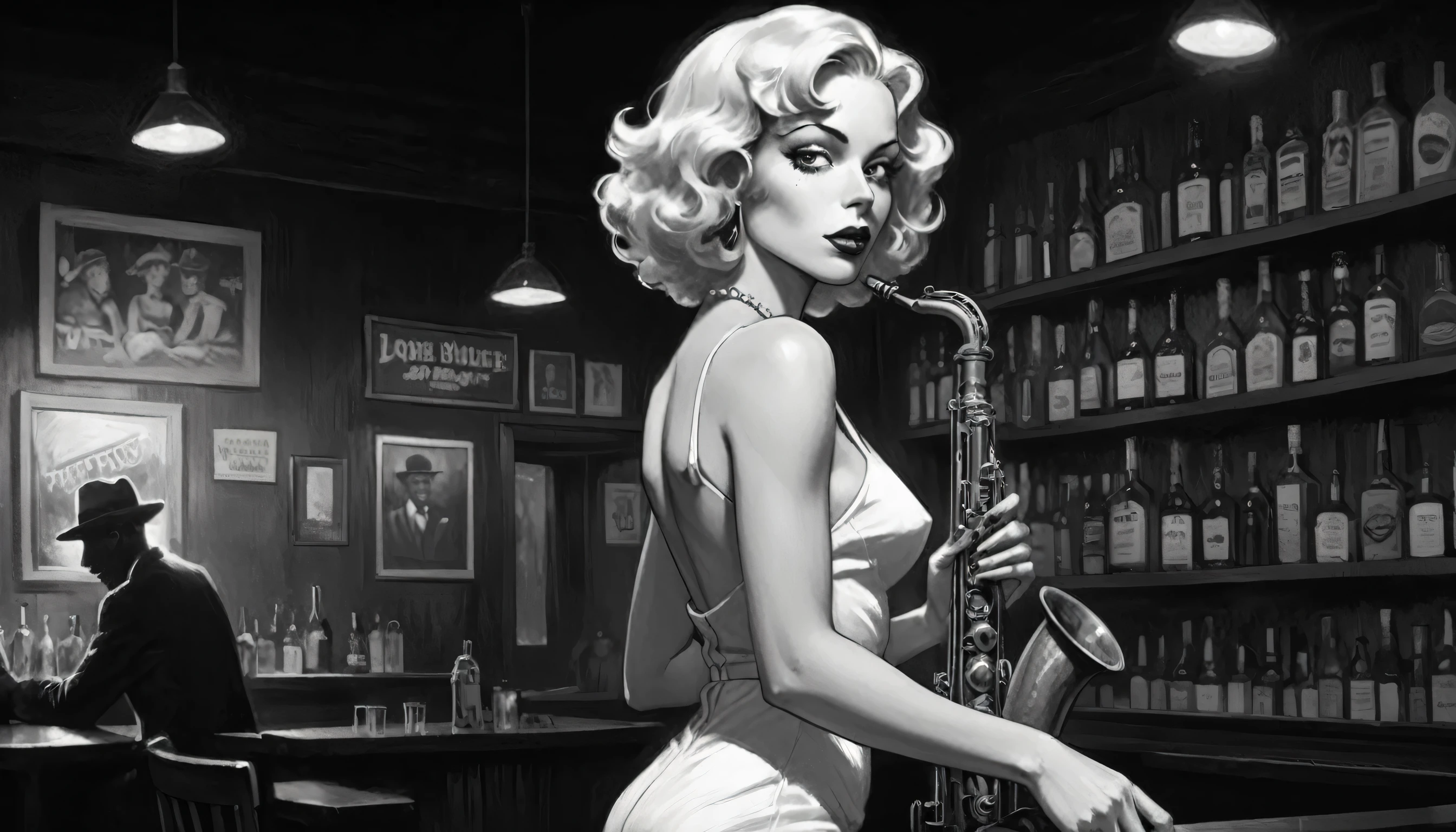 robert johnson, gritty, alabama bar, blue note, charismatic, illustration, bw, noir fantasy, lone blonde lady, saxophonist