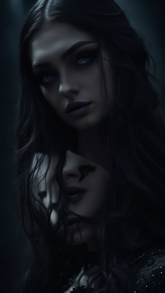 A dark and mysterious princess, beautiful detailed eyes, beautiful detailed lips, extremely detailed eyes and face, long eyelashes, long dark hair, pale skin, black dress, dramatic lighting, dark fantasy, chiaroscuro, cinematic, mystical, gothic, dark moody colors, dramatic shadows, dramatic highlights, dramatic lighting, moody atmosphere, atmospheric, digital art