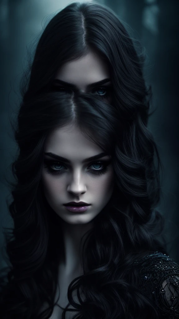A dark and mysterious princess, beautiful detailed eyes, beautiful detailed lips, extremely detailed eyes and face, long eyelashes, long dark hair, pale skin, black dress, dramatic lighting, dark fantasy, chiaroscuro, cinematic, mystical, gothic, dark moody colors, dramatic shadows, dramatic highlights, dramatic lighting, moody atmosphere, atmospheric, digital art