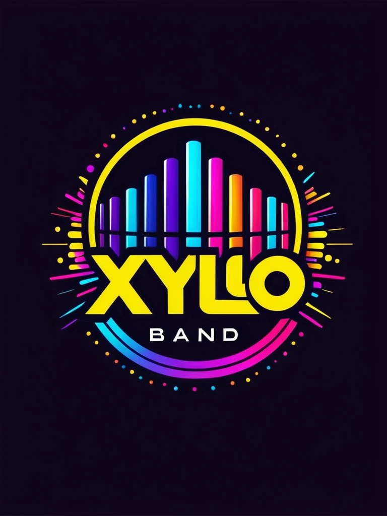 Create a logo for "Xylo Band" that incorporates lots of vibrant colors and elements related to lights. The design should feature abstract representations of xylophone keys intertwined with neon light streaks or beams. Use a variety of bold and contrasting colors to create a lively and dynamic appearance. The background should be dark to enhance the glowing effect of the lights. Ensure the overall composition is modern and eye-catching, reflecting the energy and creativity of a musical band.
